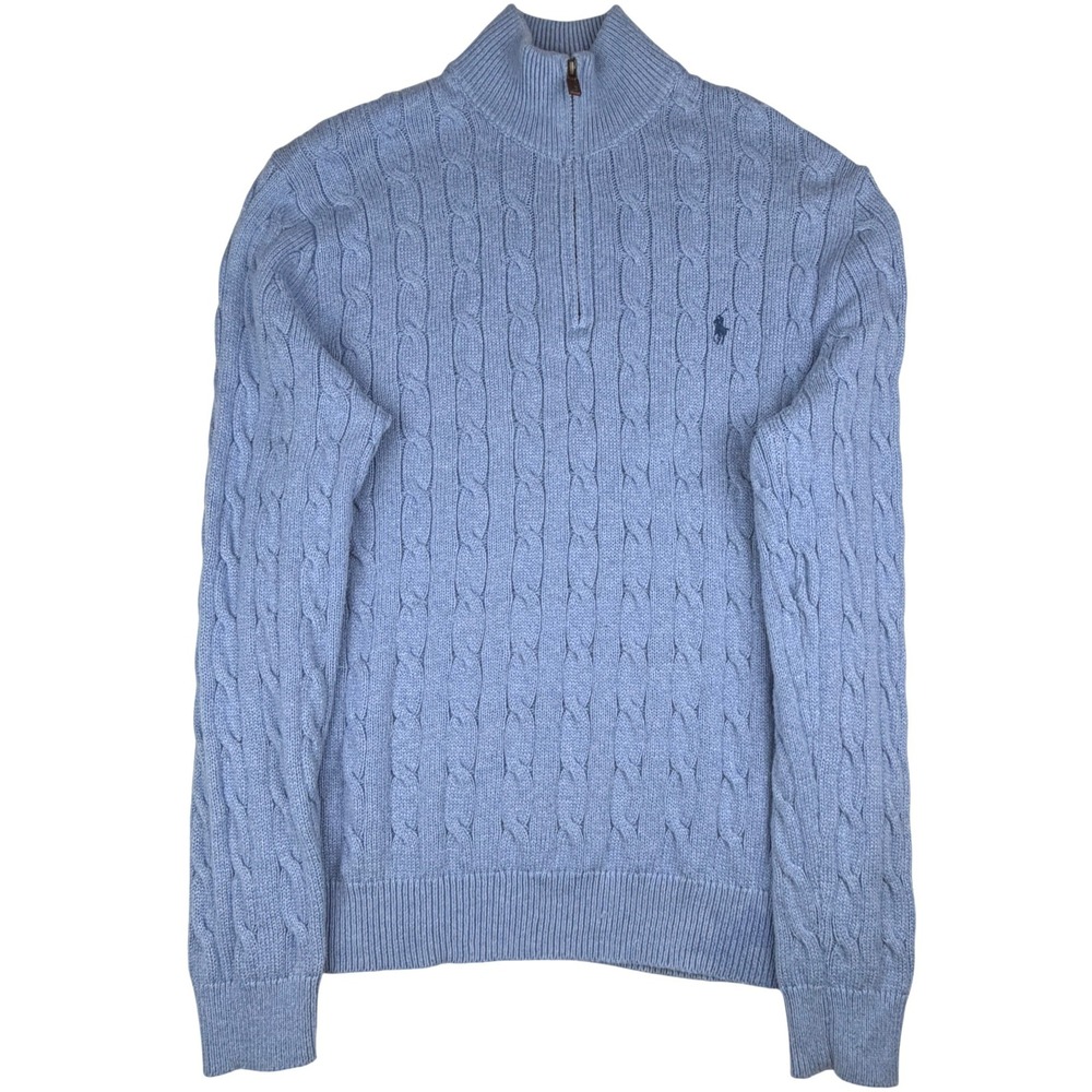 Polo Ralph Lauren Sweater Mens L Blue Cable Knit Cotton Quarter Zip Pony